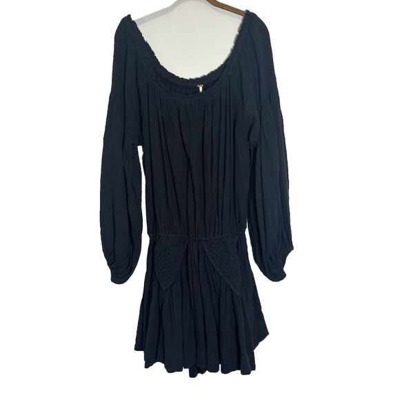 Free People Dress Women’s Large Black Gaia Mini Gauzy Boho Oversized Whimsigoth - Picture 1 of 11